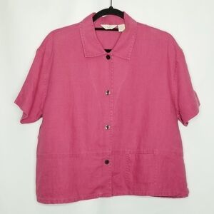J Jill Pink Linen Button Front Boxy Blouse Shirt Loose Fit Top size‎ M